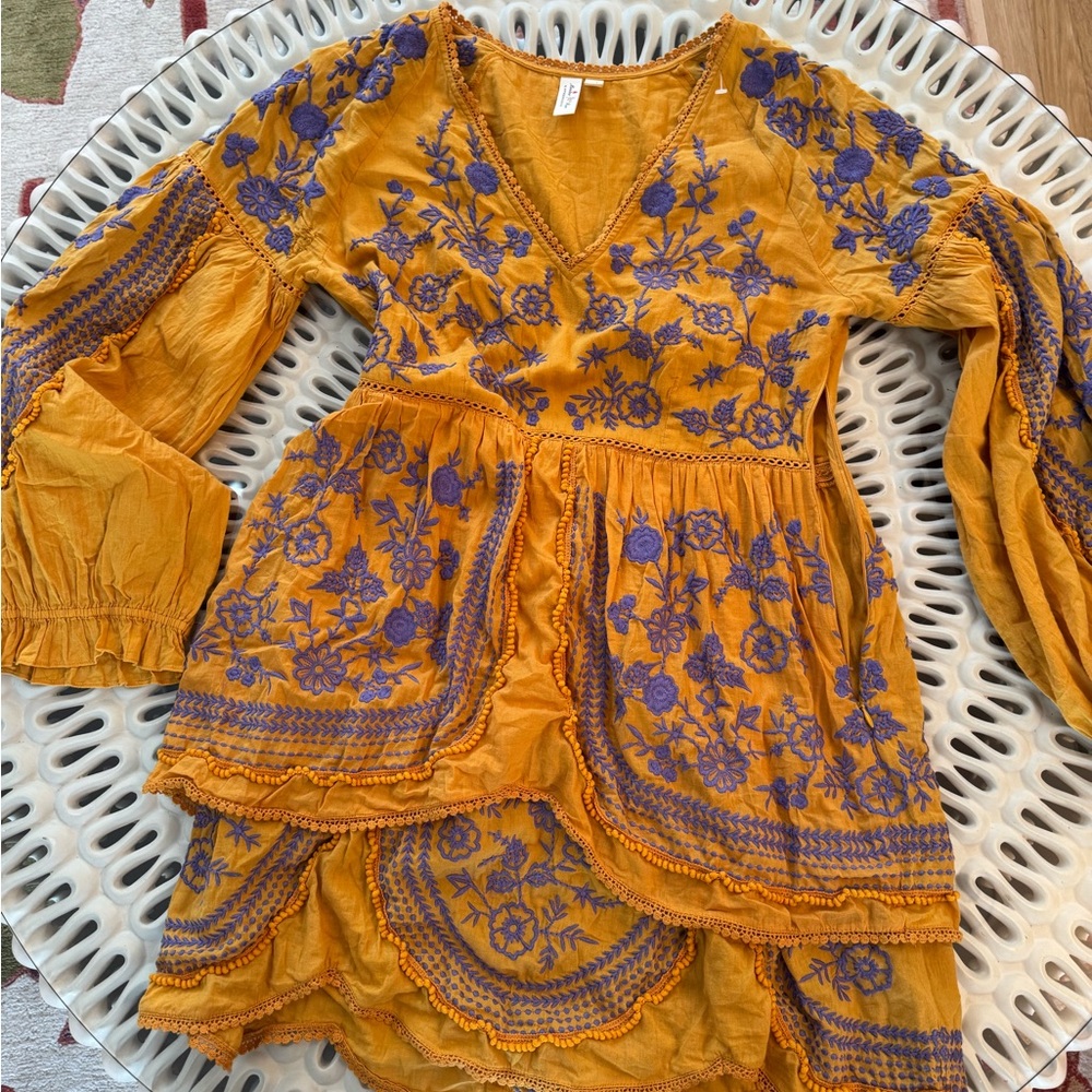 Anthropologie Mustard Yellow Dress with Purple Floral Embroidery